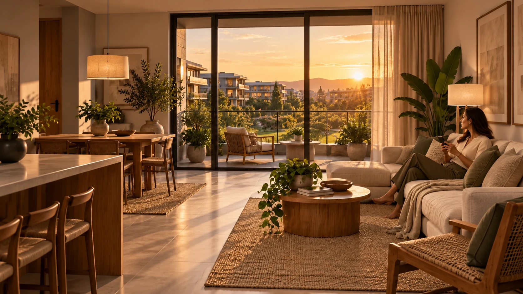 Residente mirando el atardecer desde la sala de su apartamento